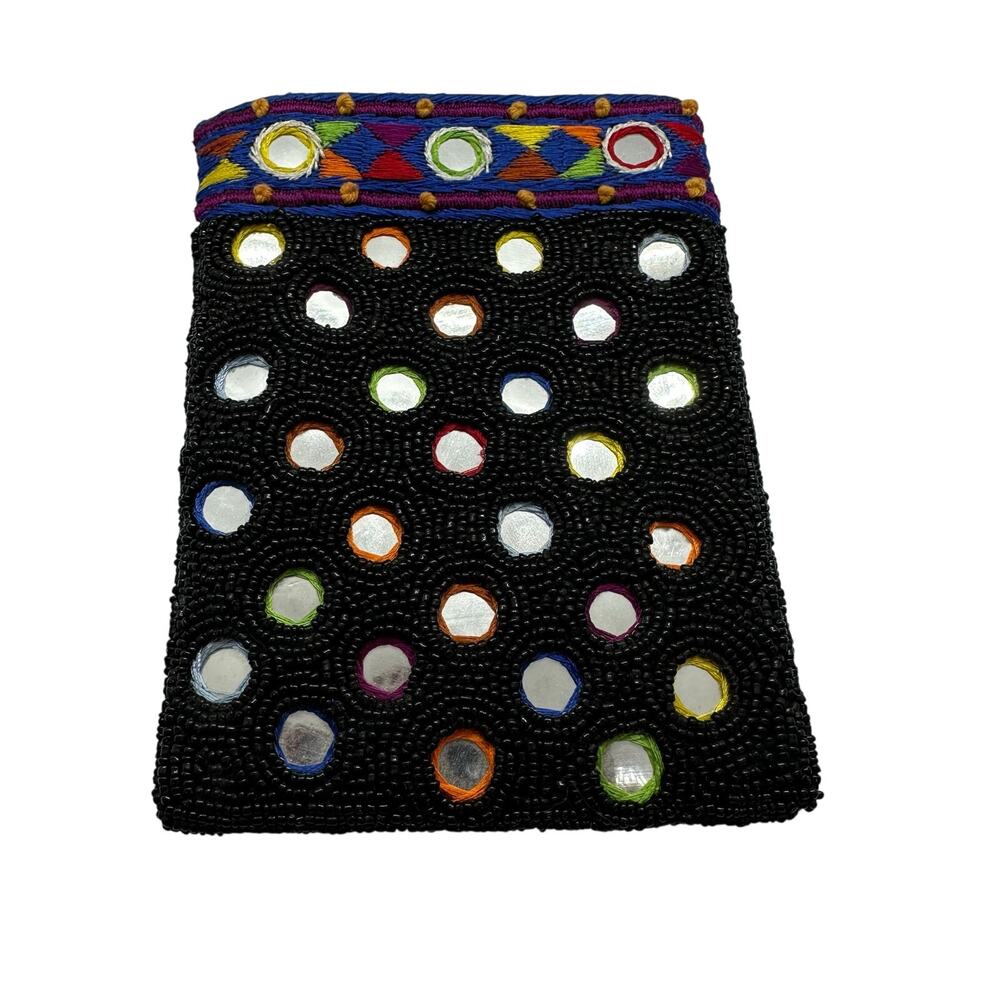Vintage Cache‎ Beaded Coin Purse Lined Zipper Pouch Black Aztec Print Mirrors